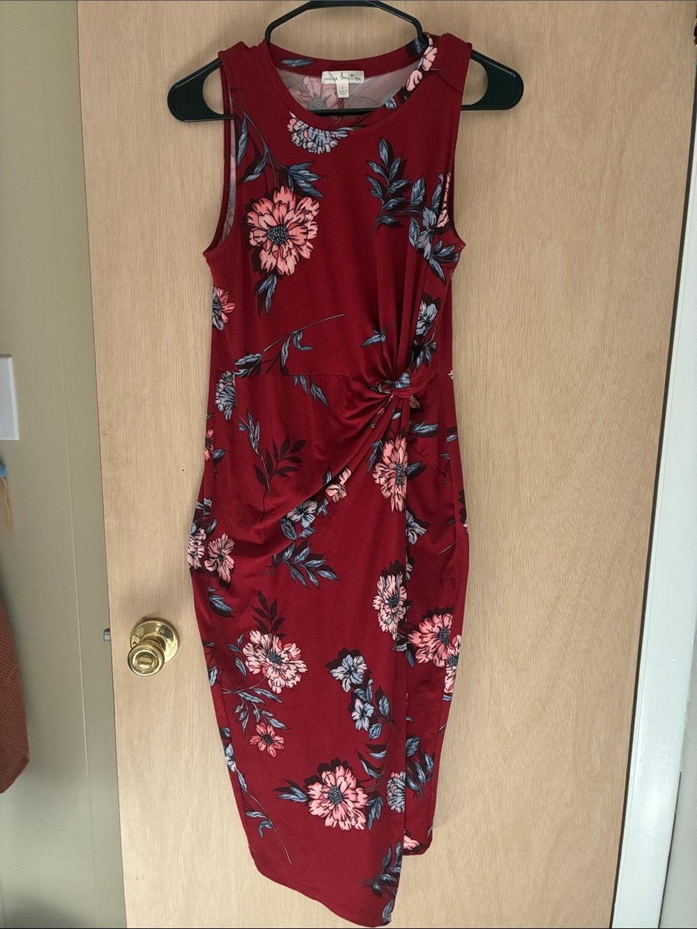 Floral Knot-Front Sleeveless Midi Dress - Burgundy